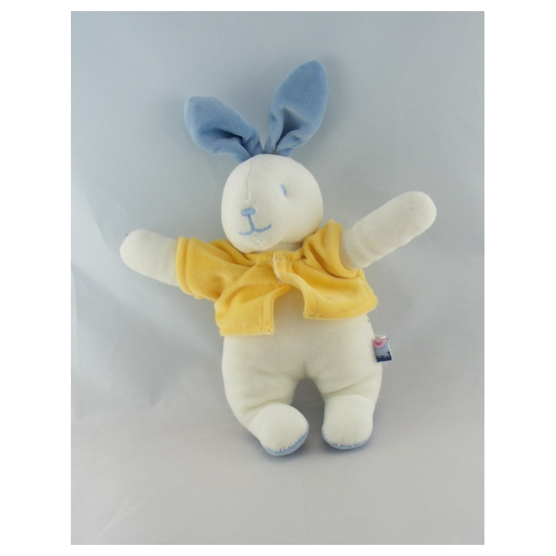 Doudou chien bleu blanc cocard pull jaune SUCRE D'ORGE