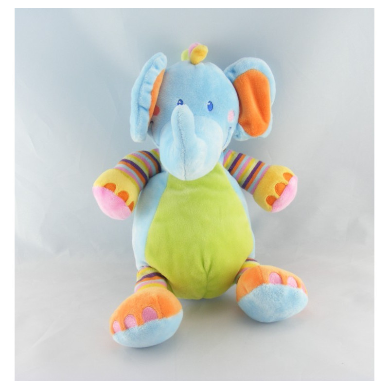 Doudou culbuto éléphant bleu vert noeuds NICOTOY