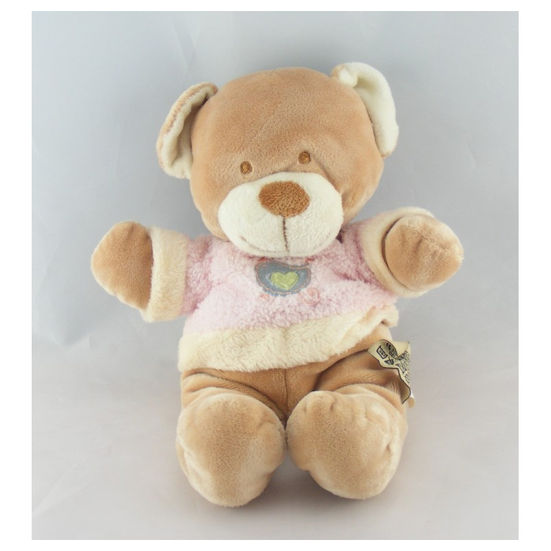 Doudou ours beige Pull rose oiseau coeur NICOTOY
