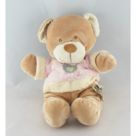 Doudou ours beige Pull rose oiseau coeur NICOTOY
