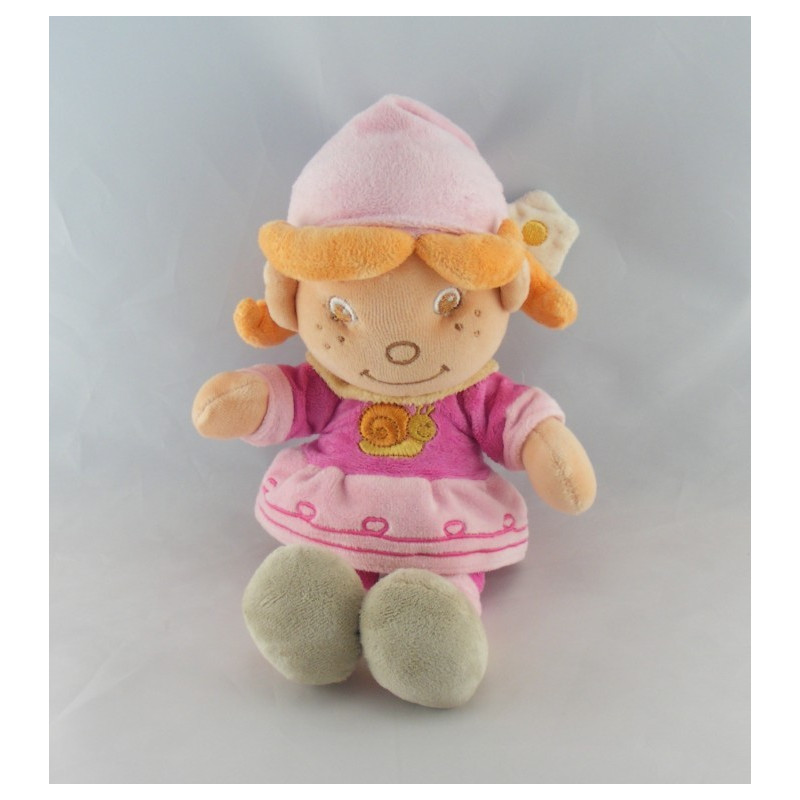 Doudou poupée lutin fille robe rose escargot brodé Flora BENGY