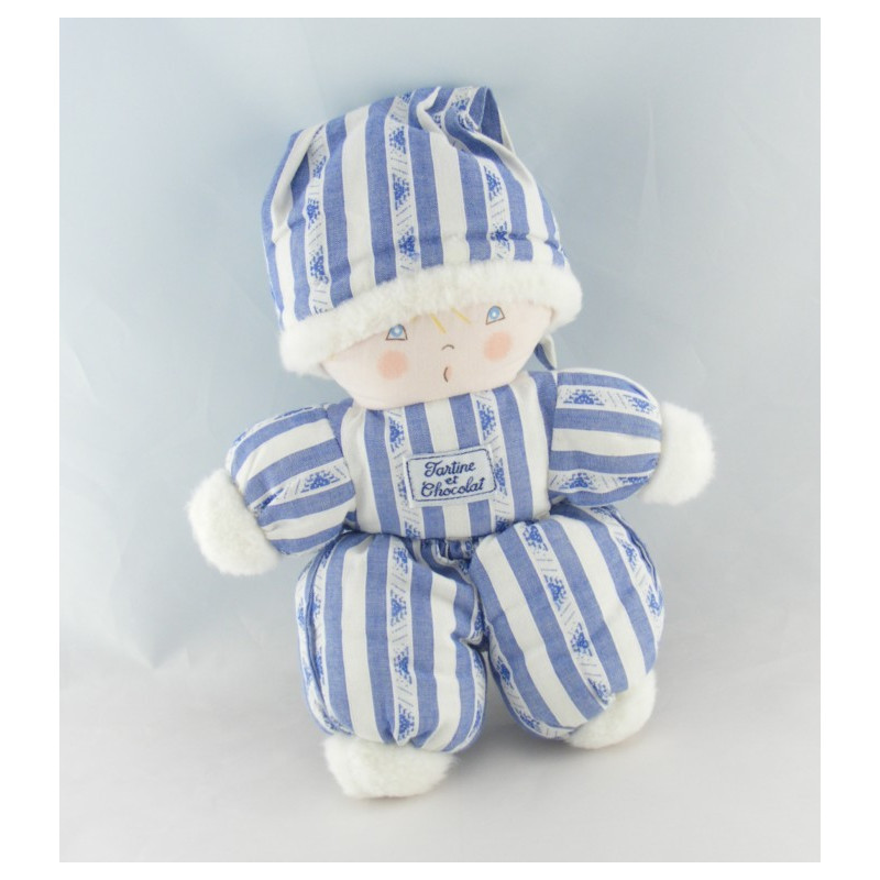 Doudou poupée lutin garçon rayé bleu TARTINE ET CHOCOLAT
