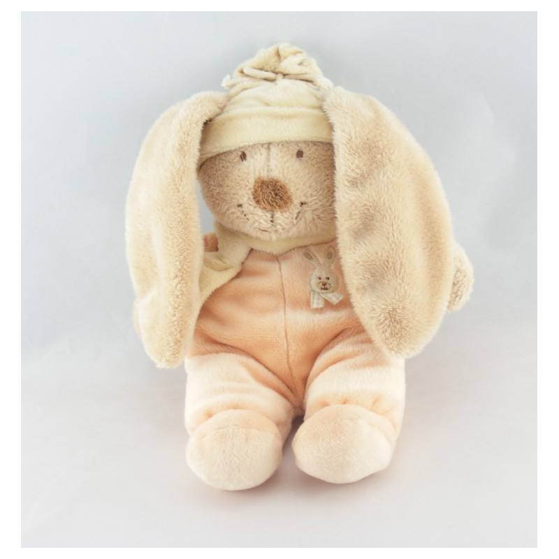 Doudou lapin beige tenue orange bonnet écru ORCHESTRA