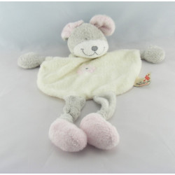 Doudou plat souris gris blanc fleur rose NICOTOY