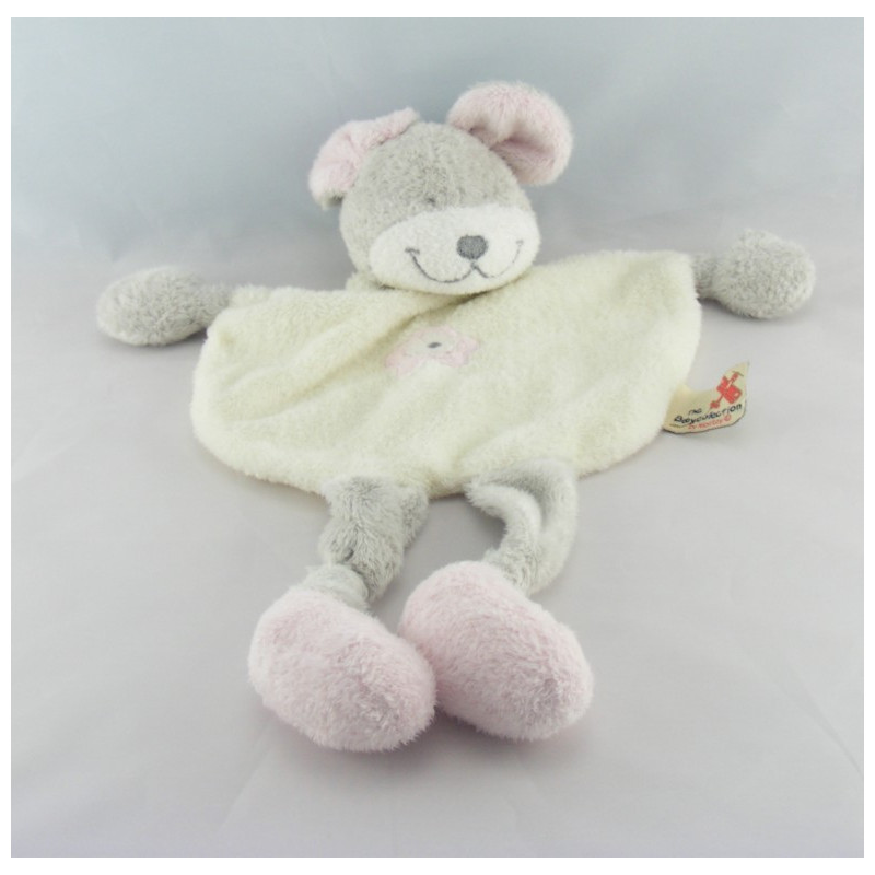 Doudou plat souris gris blanc fleur rose NICOTOY