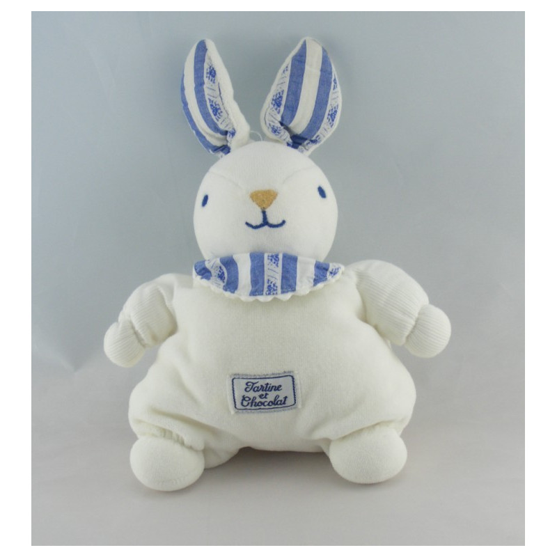 Doudou semi plat lapin blanc rayé bleu bavoir TARTINE ET CHOCOLAT