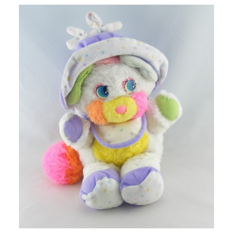 Peluche Popples blanc chapeau mauve étoiles 1986