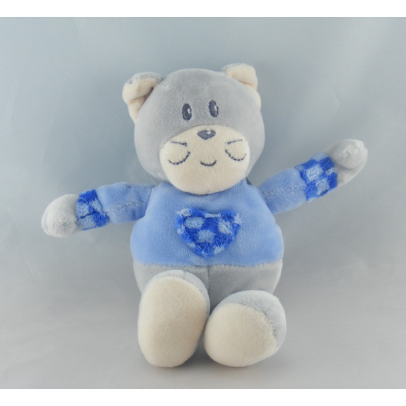 Doudou chat gris bleu coeur AJENA NEUF