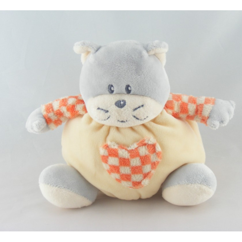 Doudou chat gris rose coeur AJENA 