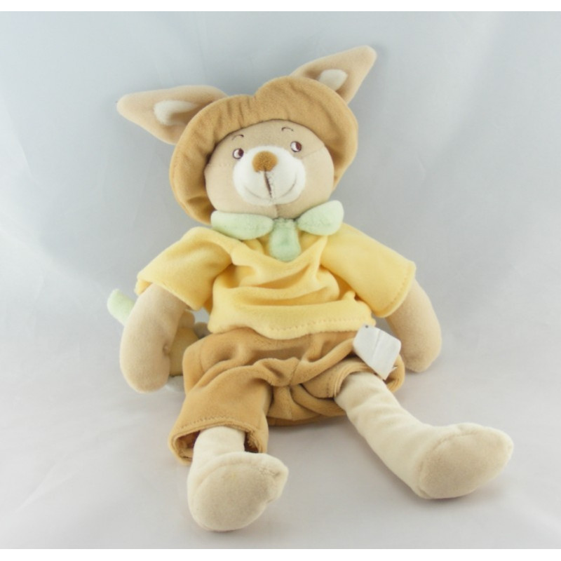 Doudou lapin jaune beige col vert fleur GERCA