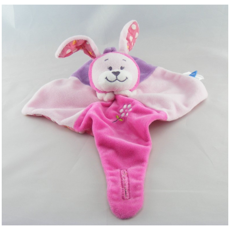 Doudou plat lapin rose fleurs vertes coeur TEX 