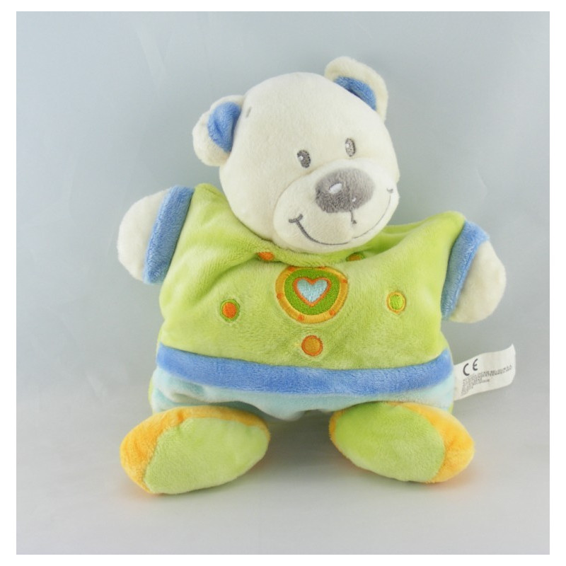 Doudou ours bleu vert jaune coeur NICOTOY  