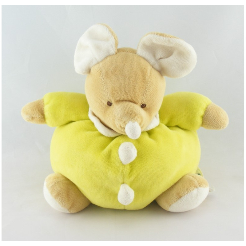 Doudou boule souris bleu blanc jaune BABYSUN