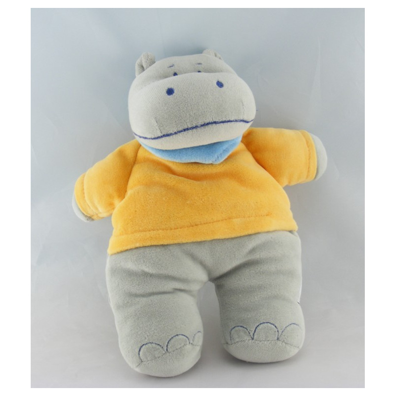 Doudou plat hippopotame gris orange BEBEREVE