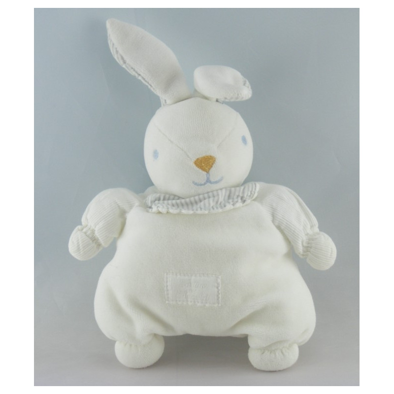 Doudou semi plat lapin blanc rayé bleu bavoir TARTINE ET CHOCOLAT