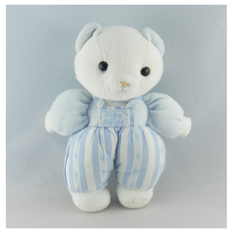 Doudou ours blanc salopette rayé bleu TARTINE ET CHOCOLAT