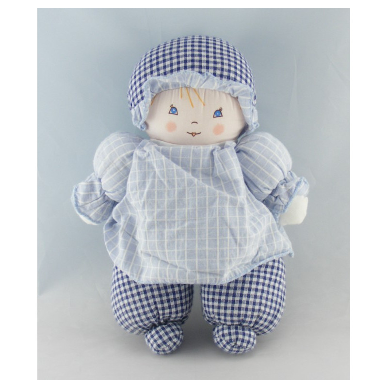 Doudou Poupée lutin bleu carreaux NOUNOURS