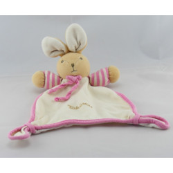 Doudou plat lapin rayé rose ecru TAKINOU