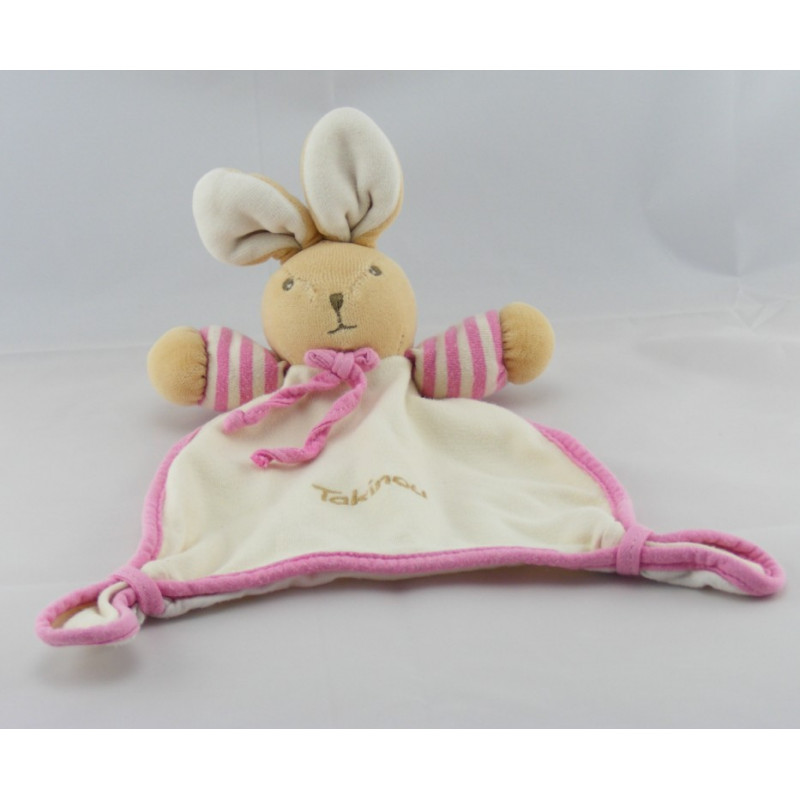 Doudou plat lapin rayé rose ecru TAKINOU
