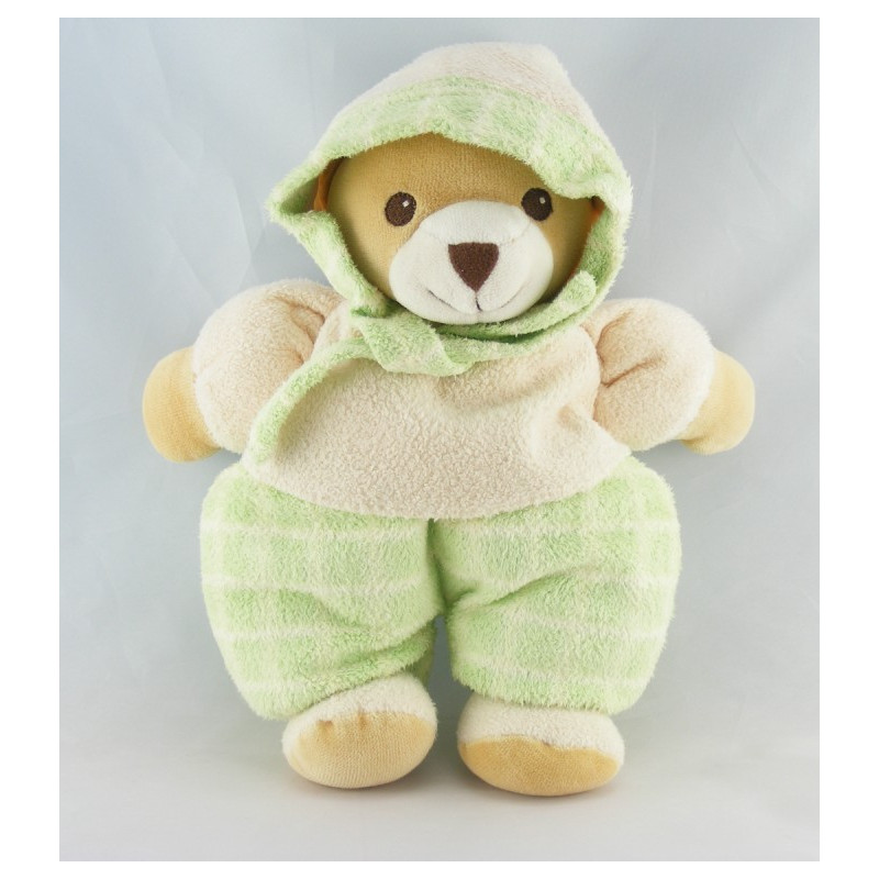 Doudou Ours vert écru carreaux capuche Nounours 