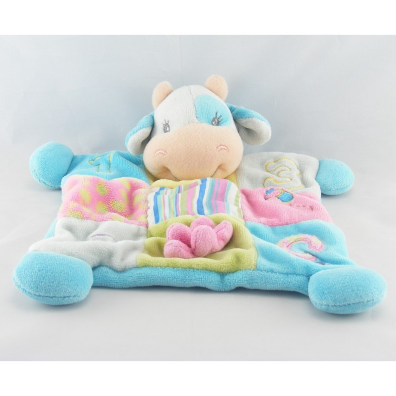 Doudou plat vache bleu patchwork 123 TIAMO