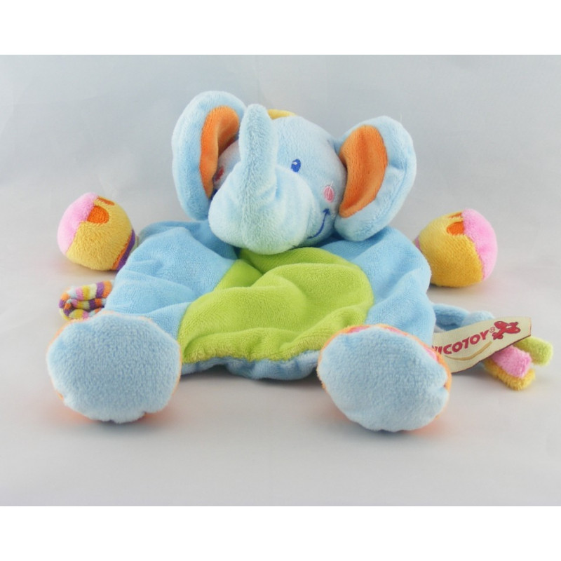 Doudou plat éléphant bleu vert noeuds NICOTOY