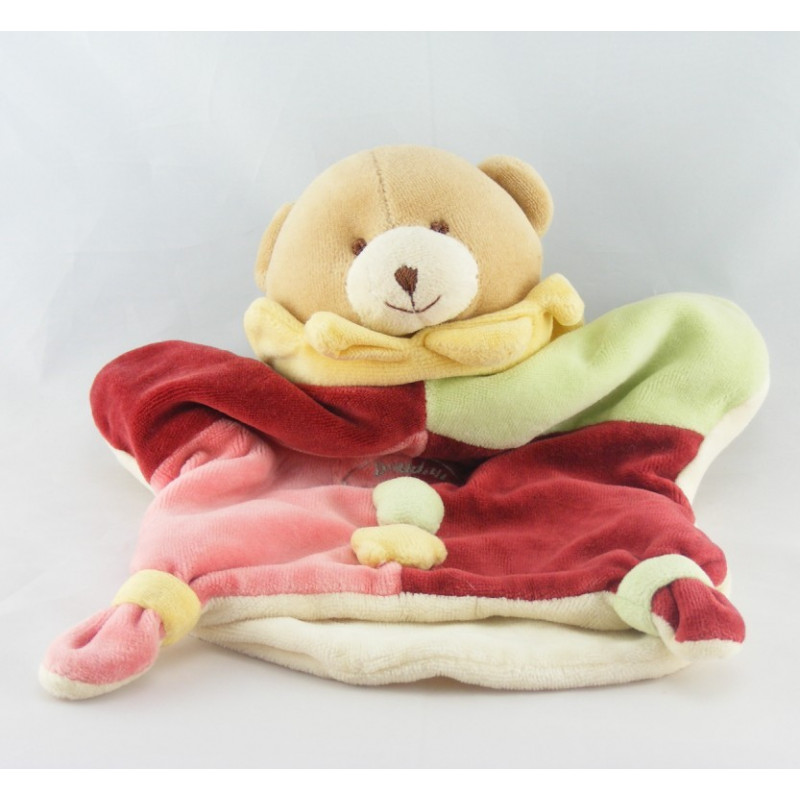 Doudou et compagnie plat ours arlequin bordeaux rose mouchoir