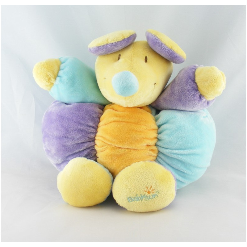 Doudou boule souris bleu blanc jaune BABYSUN