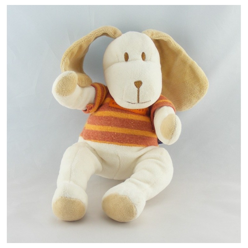 Doudou chien blanc maillot rayé orange SUCRE D'ORGE 