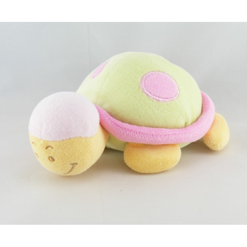 Doudou semi plat marionnette tortue verte rose TEX
