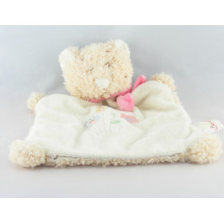 Doudou chat ours beige blanc rose fleur BENGY lot de 2