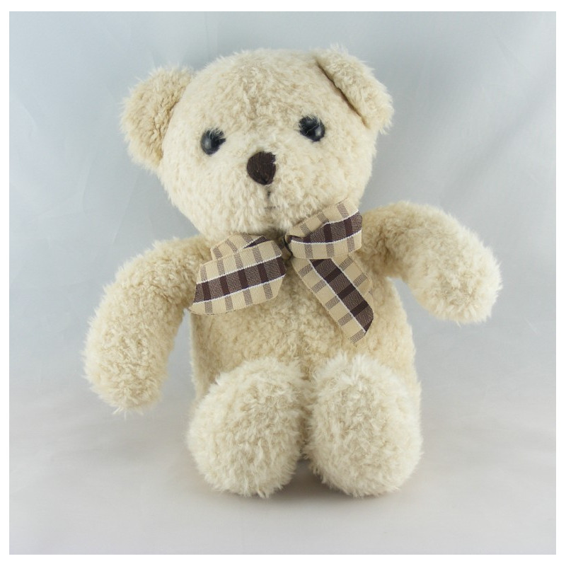 Doudou peluche ours Beige écru noeud marron NICOTOY