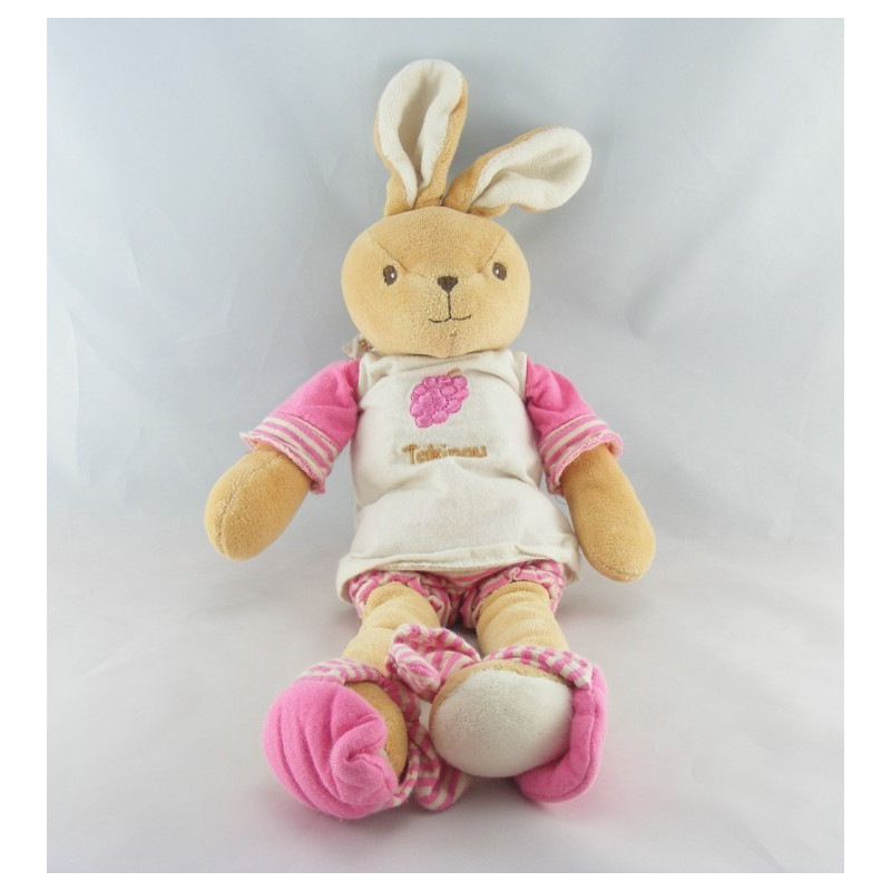 Doudou Lapin Takinou rayé rose avec chapeau