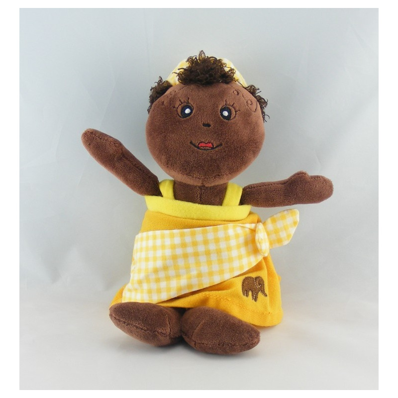 Doudou poupée fille métis robe jaune NOUNOURS