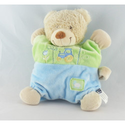 Doudou plat carré ours bleu vert tracteur TEX BABY 