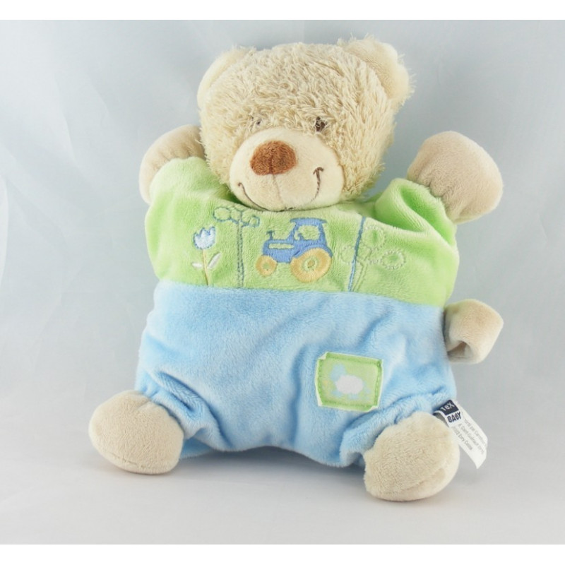 Doudou plat carré ours bleu vert tracteur TEX BABY 