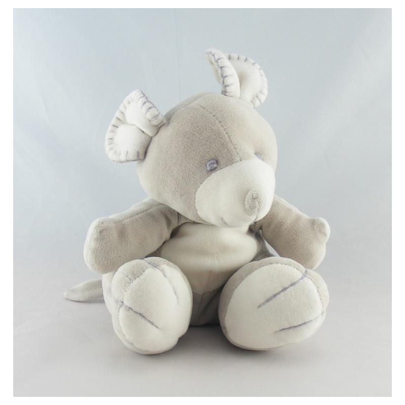 Doudou plat éléphant blanc écru écharpe grise TIAMO