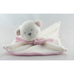 Doudou plat chat rose et blanc avec écharpe