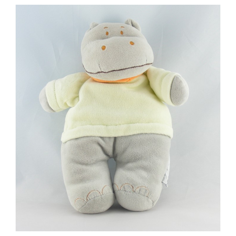 Doudou plat hippopotame gris vert BEBEREVE