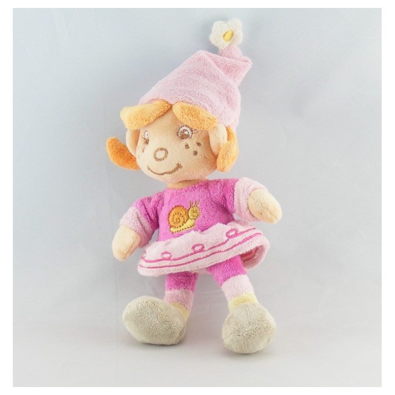 Doudou poupée lutin fille robe rose escargot brodé Flora BENGY