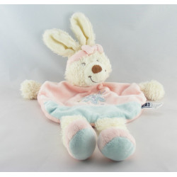 Doudou semi plat lapin rose bleu attache tétine TEX BABY