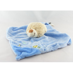 Doudou plat bleu ours avec train brodé TEX