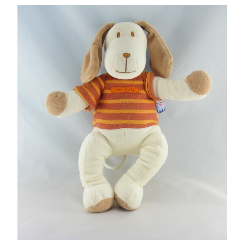 Doudou chien blanc maillot rayé orange SUCRE D'ORGE 