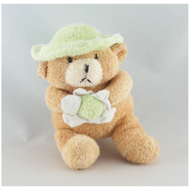 Doudou ours beige pull bleu fleur AJENA