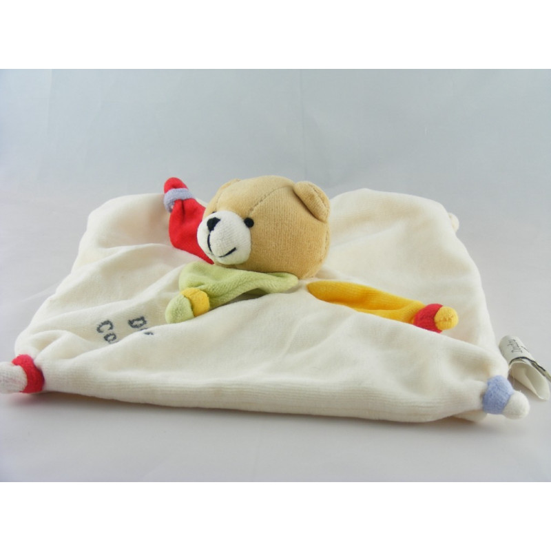 Doudou plat ours arlequin col rouge jaune vert DOUDOU ET COMPAGNIE 
