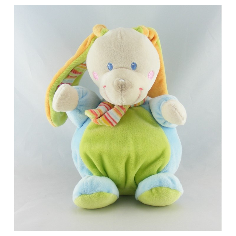 Doudou lapin vert bleu écharpe rayé MOTS D'ENFANTS