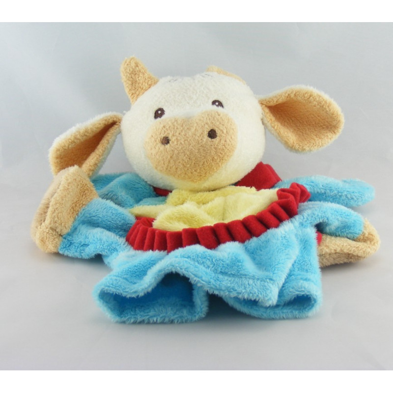 Doudou marionnette vache bleu tablier jaune NOUNOURS