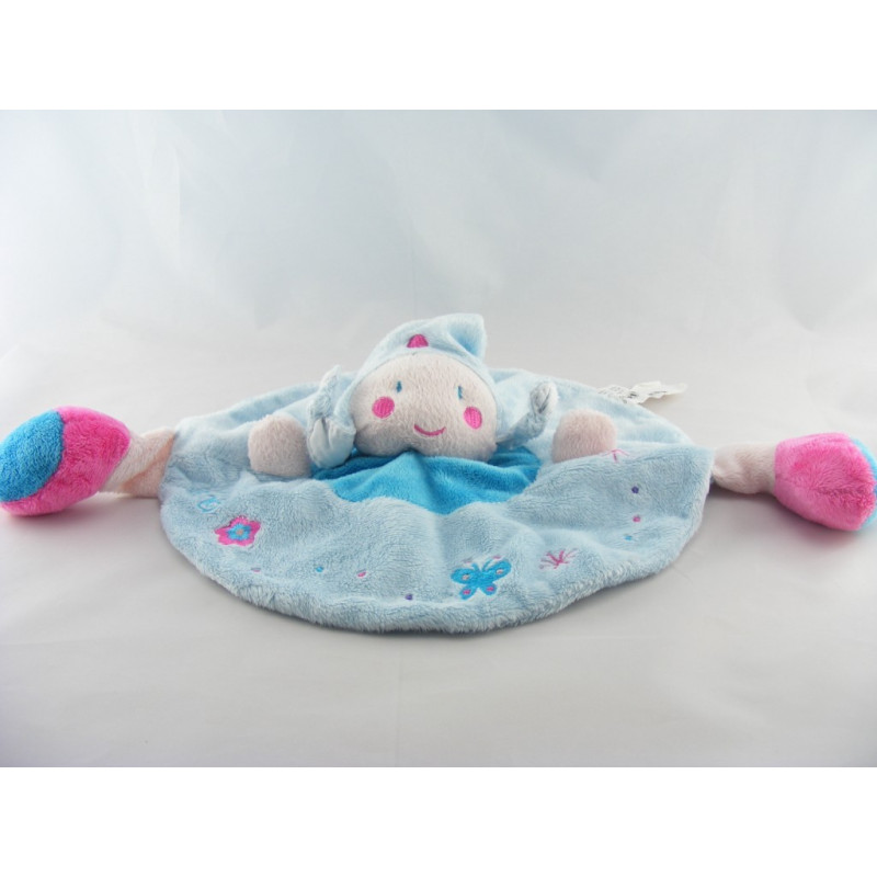 Doudou plat rond fleur rose mauve feuilles PETIT KIMBALOO
