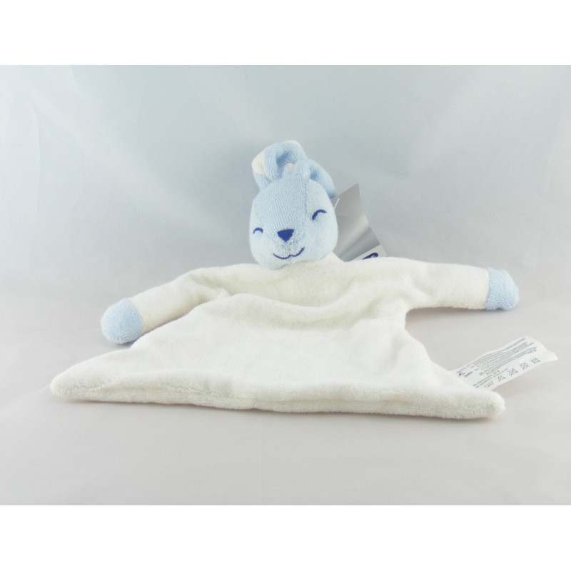 Doudou plat hochet lapin blanc bleu KIMBALOO