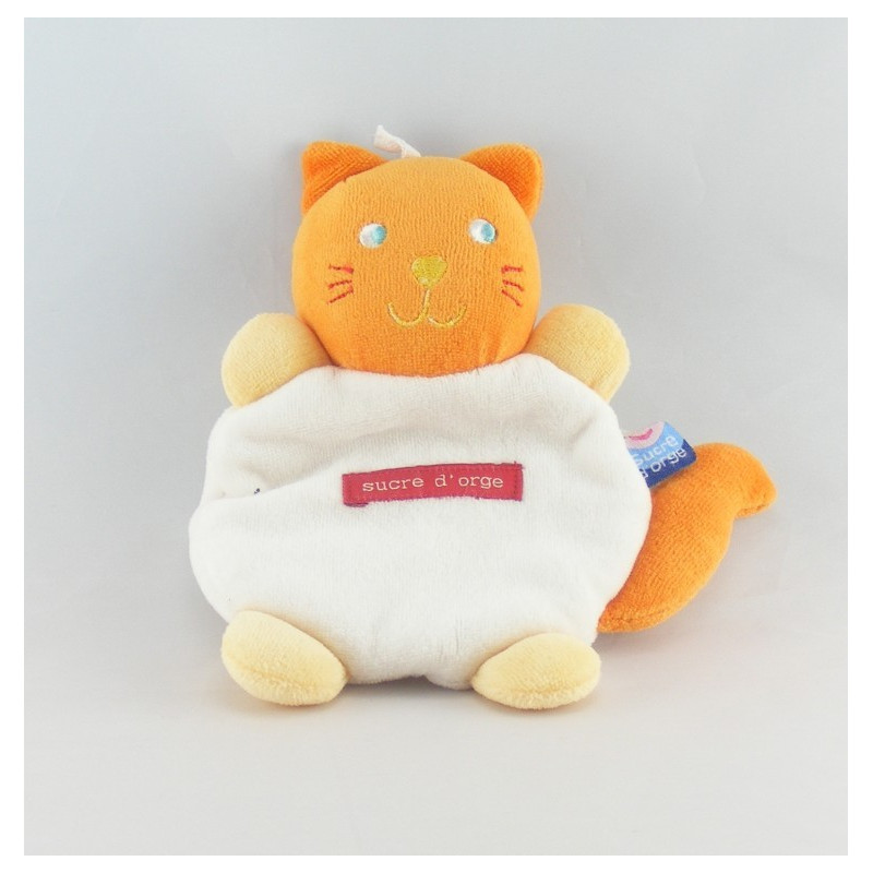 Doudou plat mouchoir rayé chat roux orange Sucre d'orge